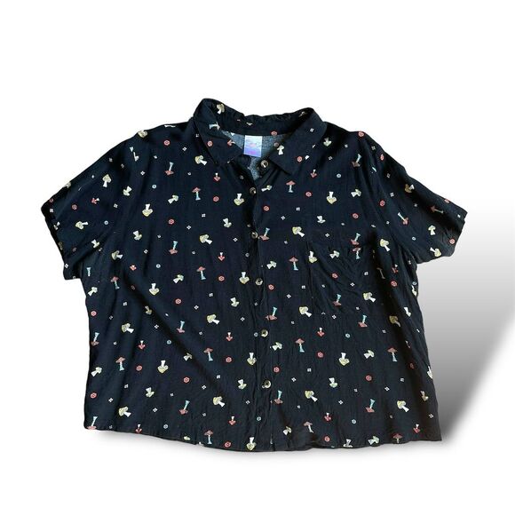 Retro Hippie Floral Mushroom Button-Up Shirt Teens Size 19 Black - Picture 4 of 5